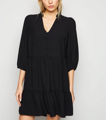 Black Frill Neck Tiered Smock Dress | New Look